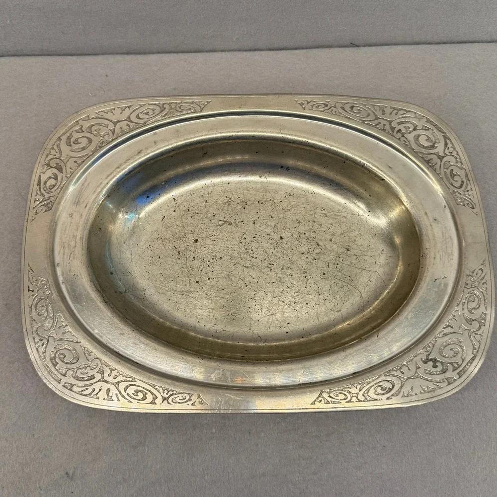 Mulholland Pewter Oval Dish 1907 K Scrollwork Border‎ Vintage Metalware Tray